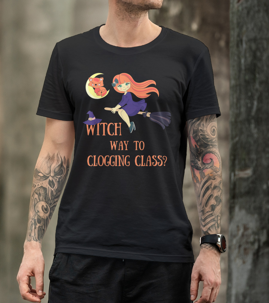 Witch Way To Clogging Class Halloween Redhead Witch Cat T-Shirt