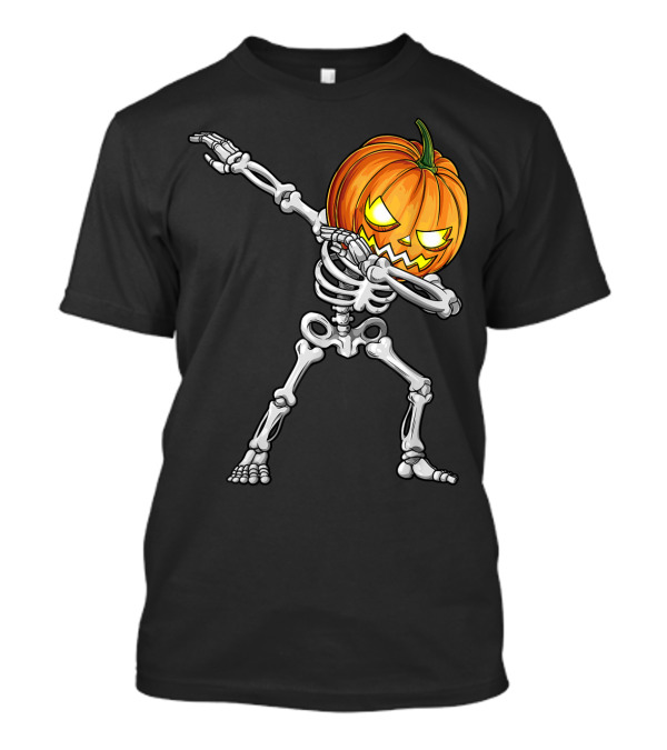 Halloween Kids Dabbing Skeleton Pumpkin Head T-Shirt