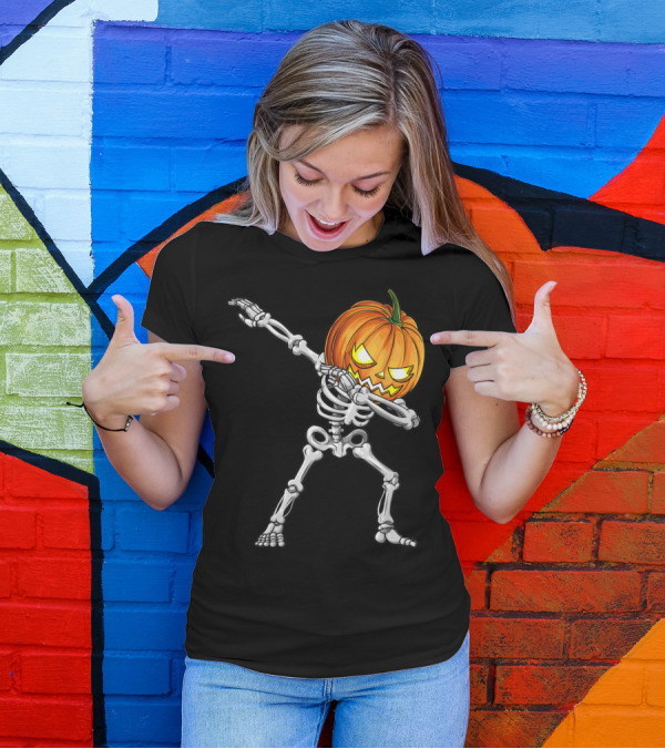 Halloween Kids Dabbing Skeleton Pumpkin Head T-Shirt