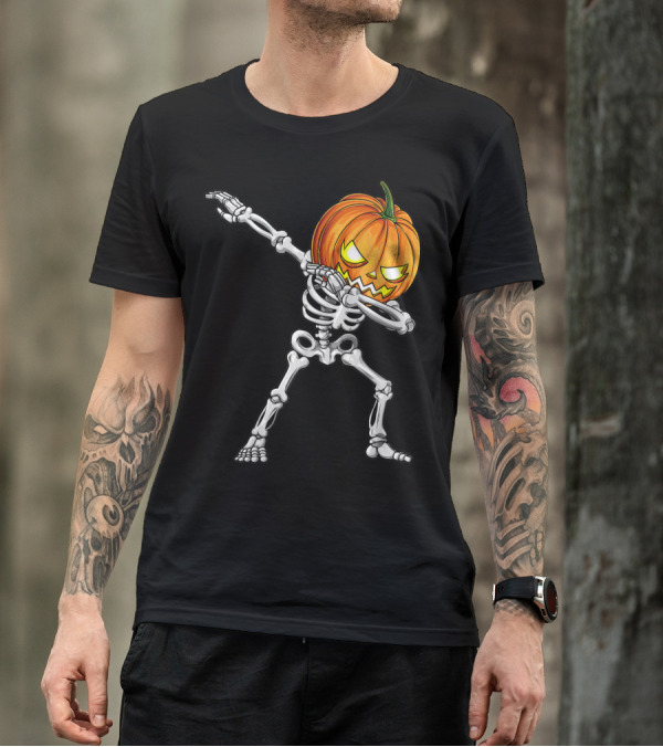 Halloween Kids Dabbing Skeleton Pumpkin Head T-Shirt