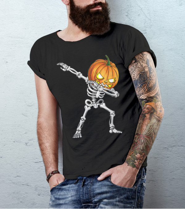 Halloween Kids Dabbing Skeleton Pumpkin Head T-Shirt
