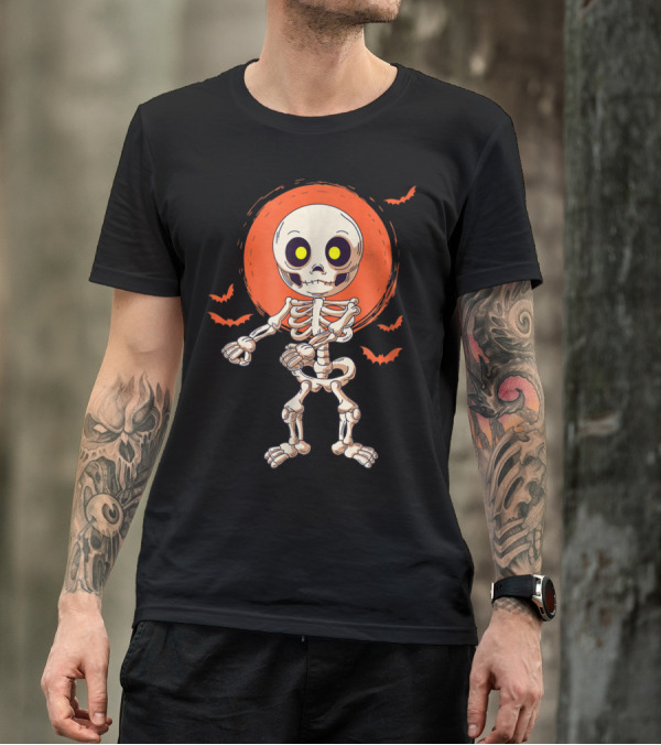 Halloween Skeleton Flossing Dance With Bats And Orange Moon T-Shirt