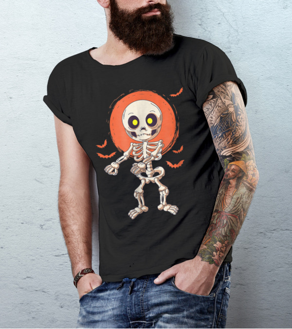 Halloween Skeleton Flossing Dance With Bats And Orange Moon T-Shirt
