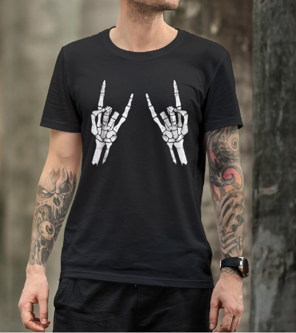 Halloween Skeleton Hand Horn Rock Gesture双 T-Shirt