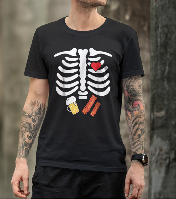 Halloween Skeleton Heart Bacon Beer Belly Junk Food T-Shirt