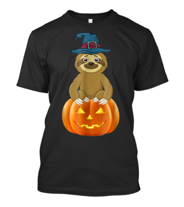 Halloween Sloth In Witch Hat Sitting On Jack-o-Lantern Pumpkin T-Shirt