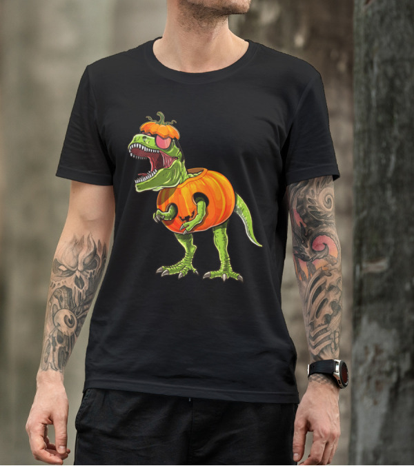 Halloween T-Rex Dinosaur Wearing Pumpkin Costume T-Shirt