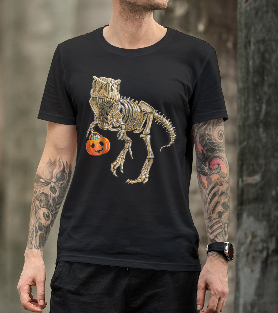 Halloween Rex Dinosaur Skeleton Pumpkin Trick T-Shirt