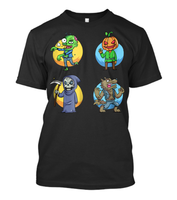 Halloween Toon Squad Zombie Pumpkin Grim Reaper Wolf T-Shirt