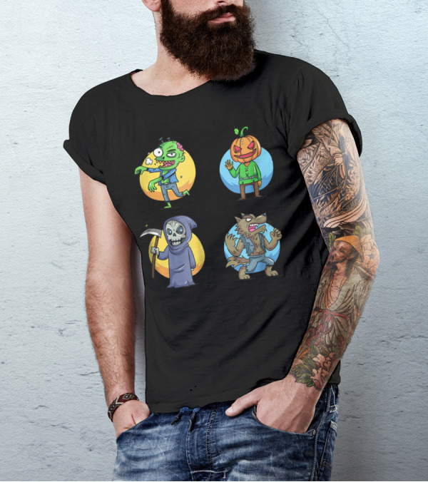 Halloween Toon Squad Zombie Pumpkin Grim Reaper Wolf T-Shirt