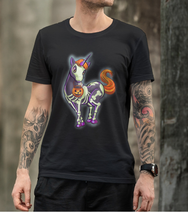 Halloween Unicorn Skeleton With Pumpkin Accessory T-Shirt