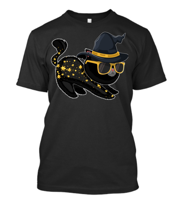 Halloween Witch Cat With Sunglasses And Starry Coat T-Shirt