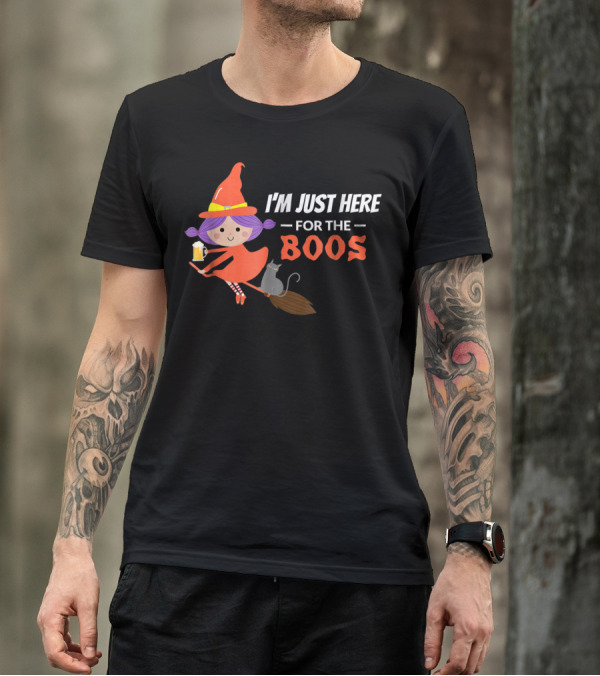 I'm Just Here For The Boos Halloween Witch Broomstick Cat Beer T-Shirt
