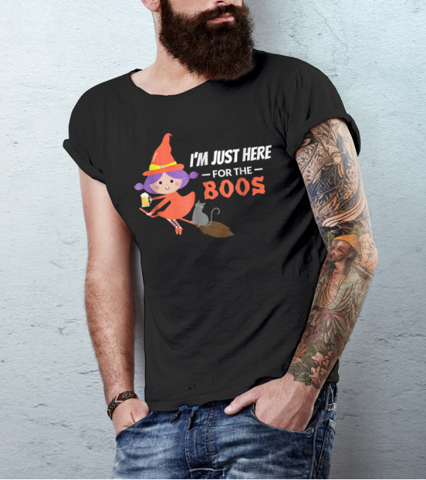 I'm Just Here For The Boos Halloween Witch Broomstick Cat Beer T-Shirt