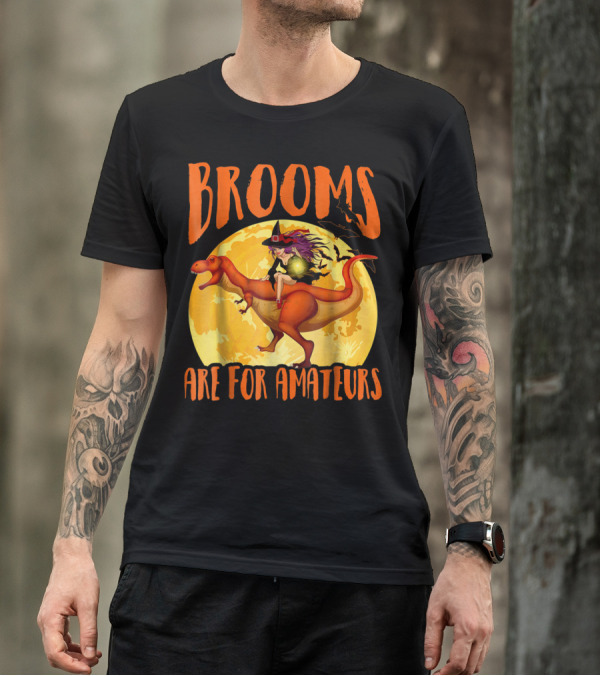 Brooms Are For Amateurs Halloween Witch Riding Dinosaur Moon T-Shirt