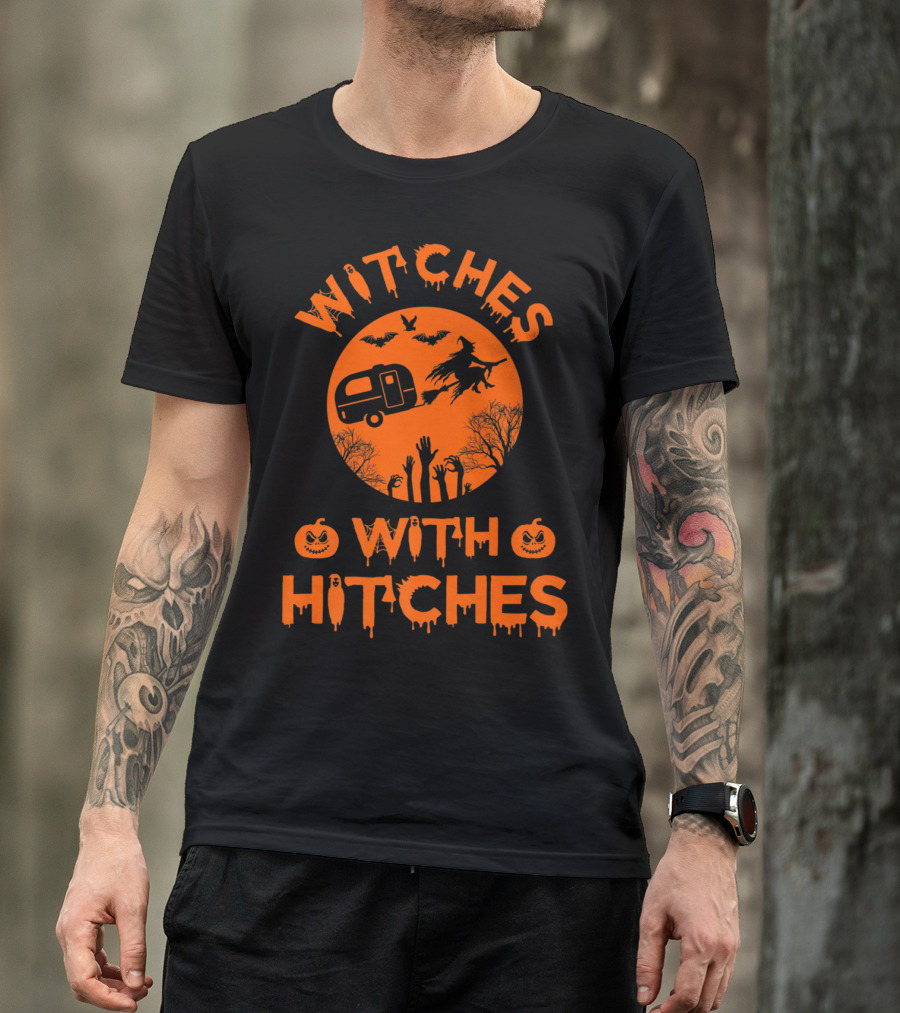 Witches With Hitches Halloween Camper Bats Moon Pumpkin T-Shirt