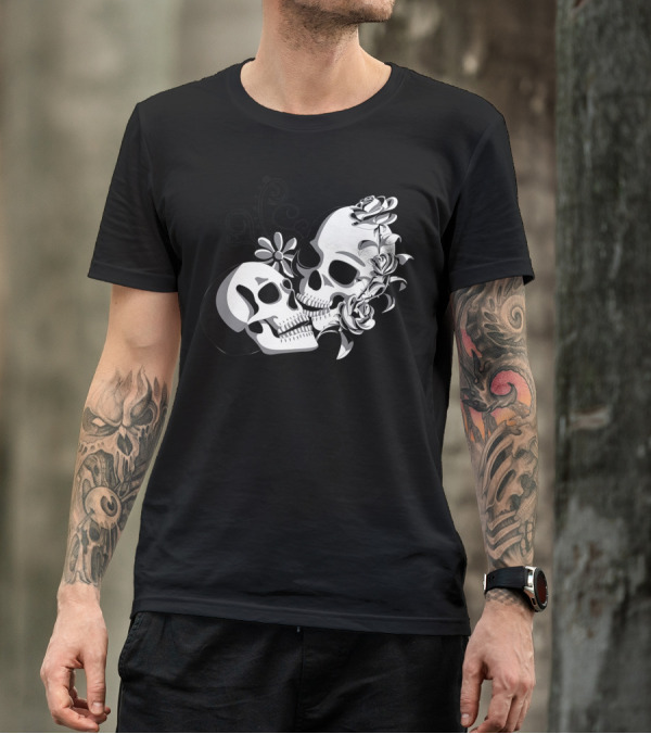 Skull Skeleton Couple With Flowers Halloween T-Shirt