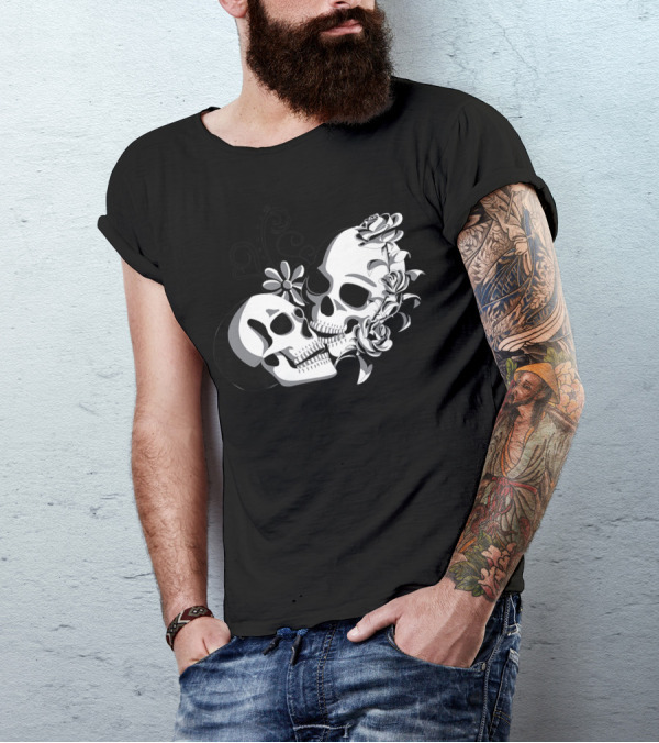 Skull Skeleton Couple With Flowers Halloween T-Shirt