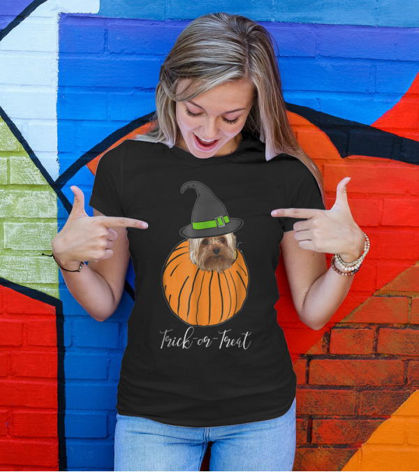 Halloween Yorkie Pumpkin Witch Trick Or Treat Dog T-Shirt