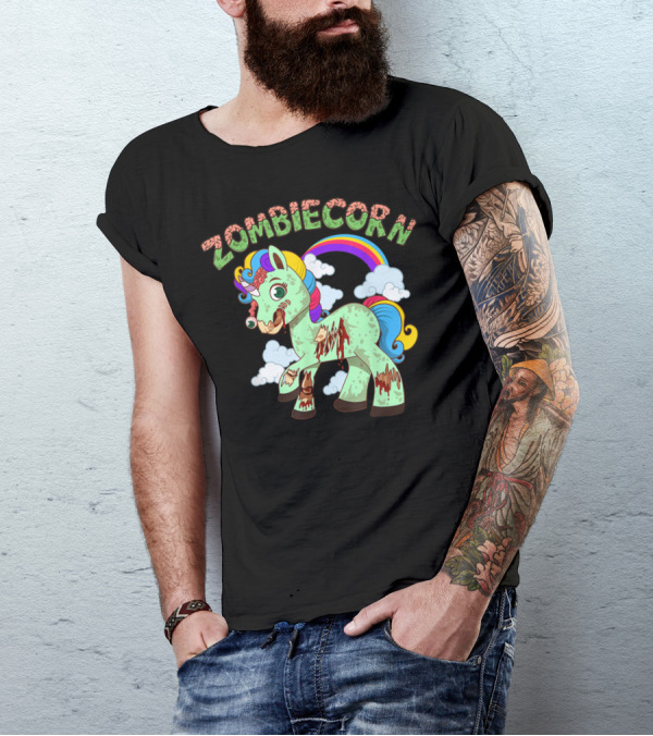 Zombicorn Halloween Scary Horse Monster With Rainbow Clouds T-Shirt