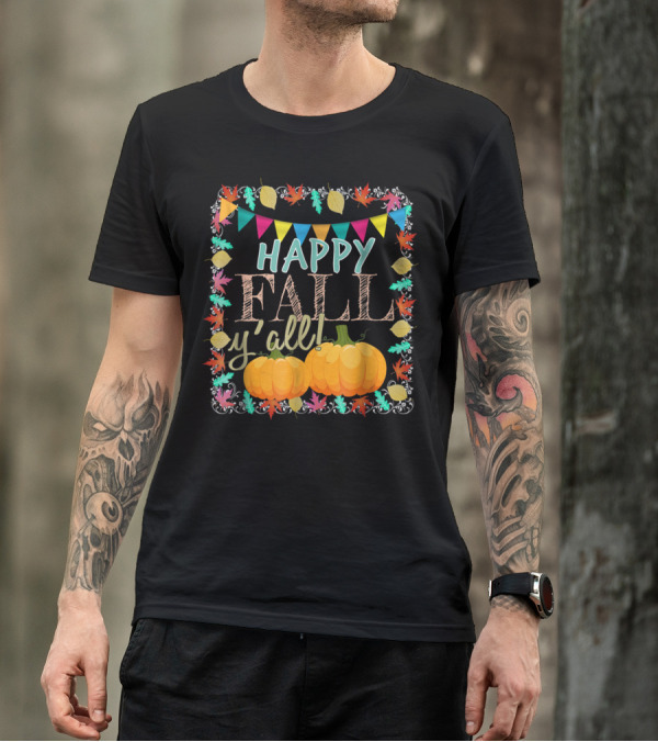Happy Fall Y'all Pumpkins Autumn Leaves Garland T-Shirt