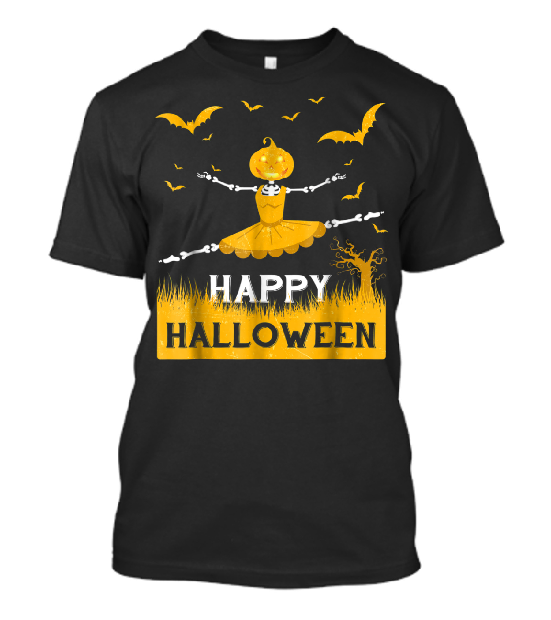 Happy Halloween Skeleton Ballet Dancer With Pumpkin Head And Bats T-Shirt