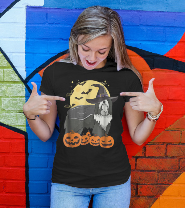 Happy Halloween Bearded Collie Witch With Jack-O'-Lanterns And Bats T-Shirt