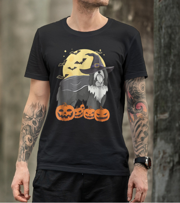 Happy Halloween Bearded Collie Witch With Jack-O'-Lanterns And Bats T-Shirt