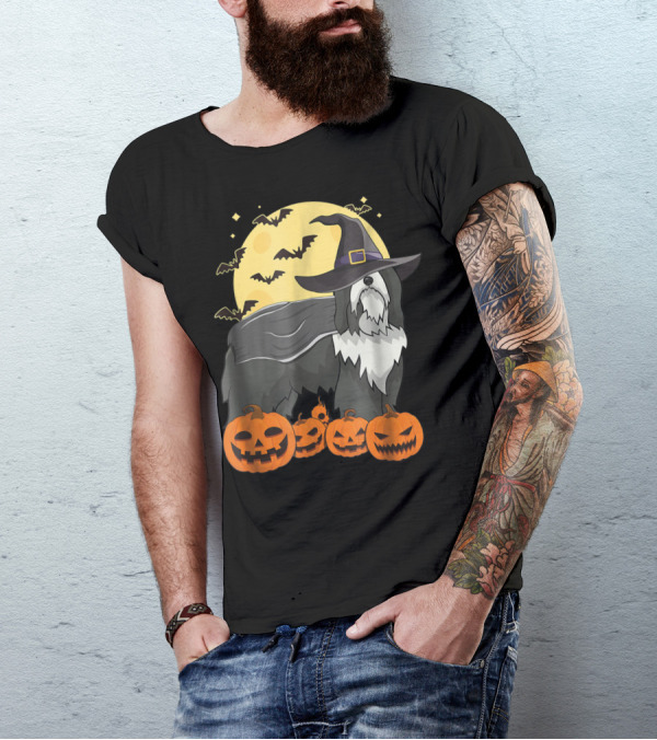 Happy Halloween Bearded Collie Witch With Jack-O'-Lanterns And Bats T-Shirt