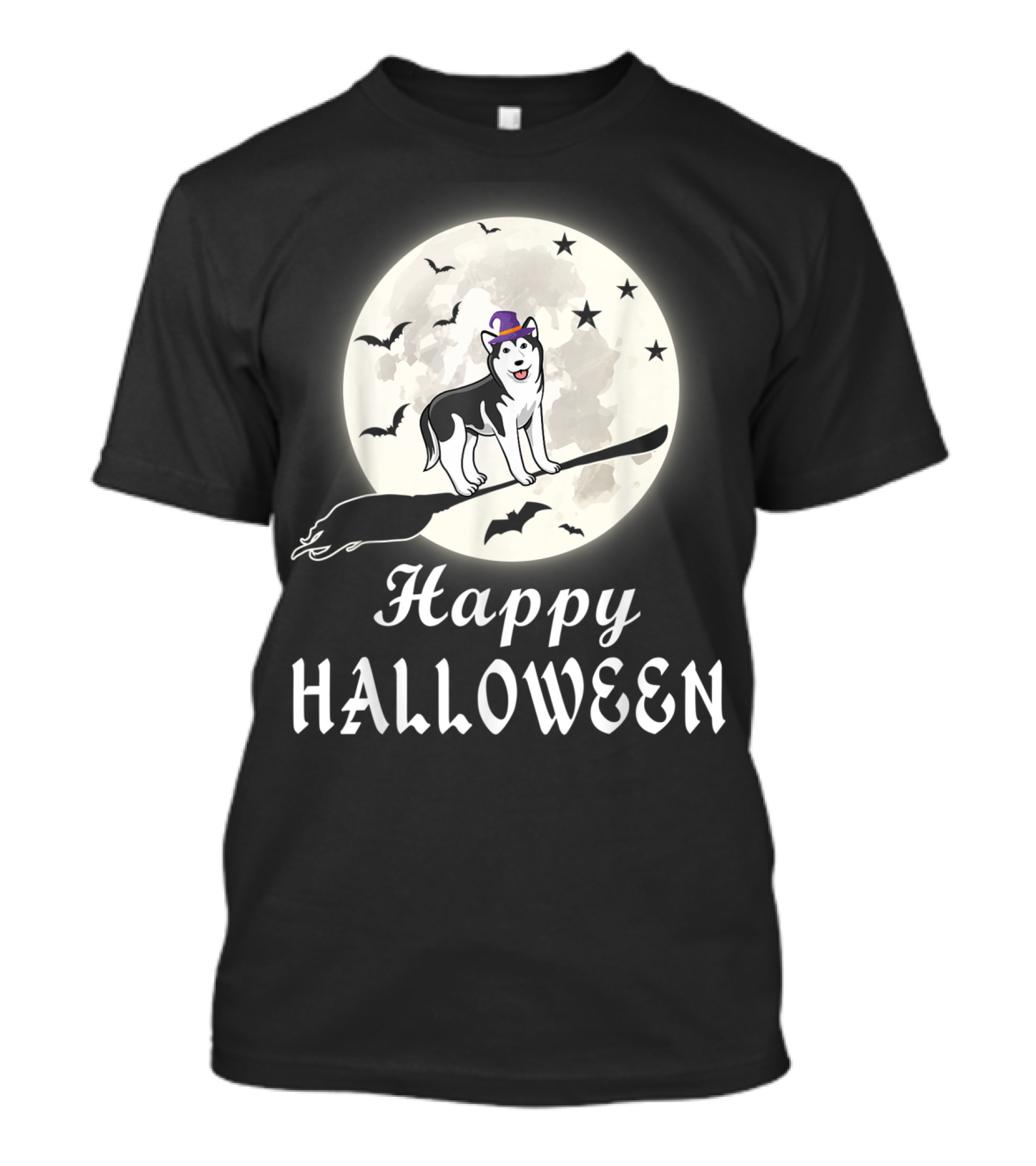 Happy Halloween Husky Riding Broomstick In Full Moon With Bats And Stars T-Shirt