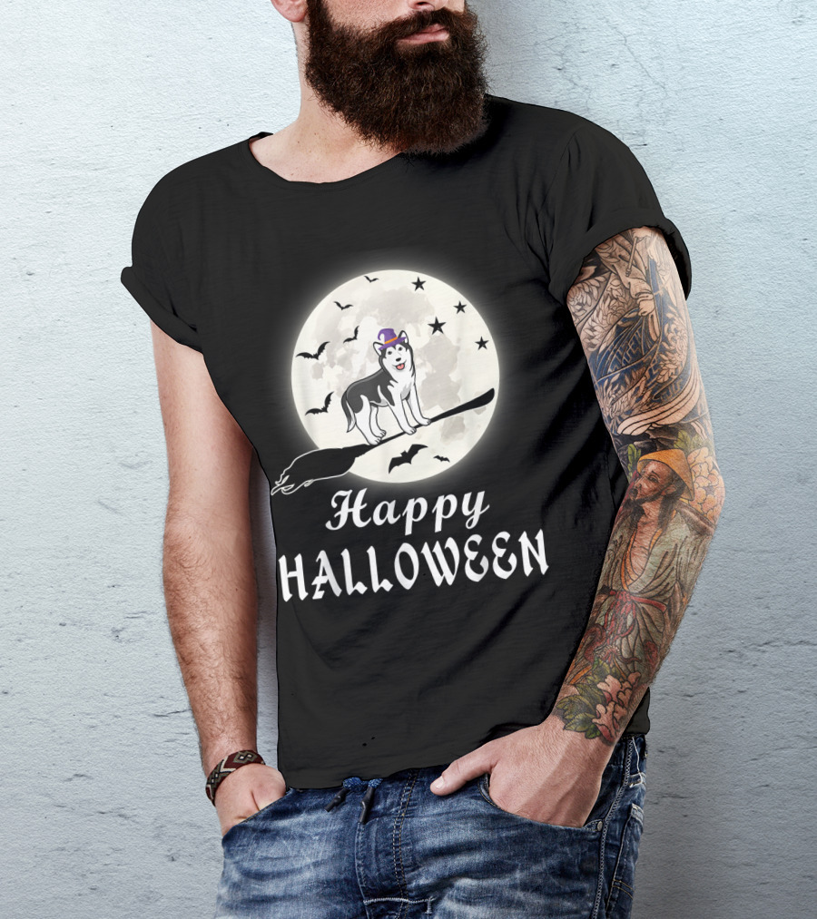 Happy Halloween Husky Riding Broomstick In Full Moon With Bats And Stars T-Shirt