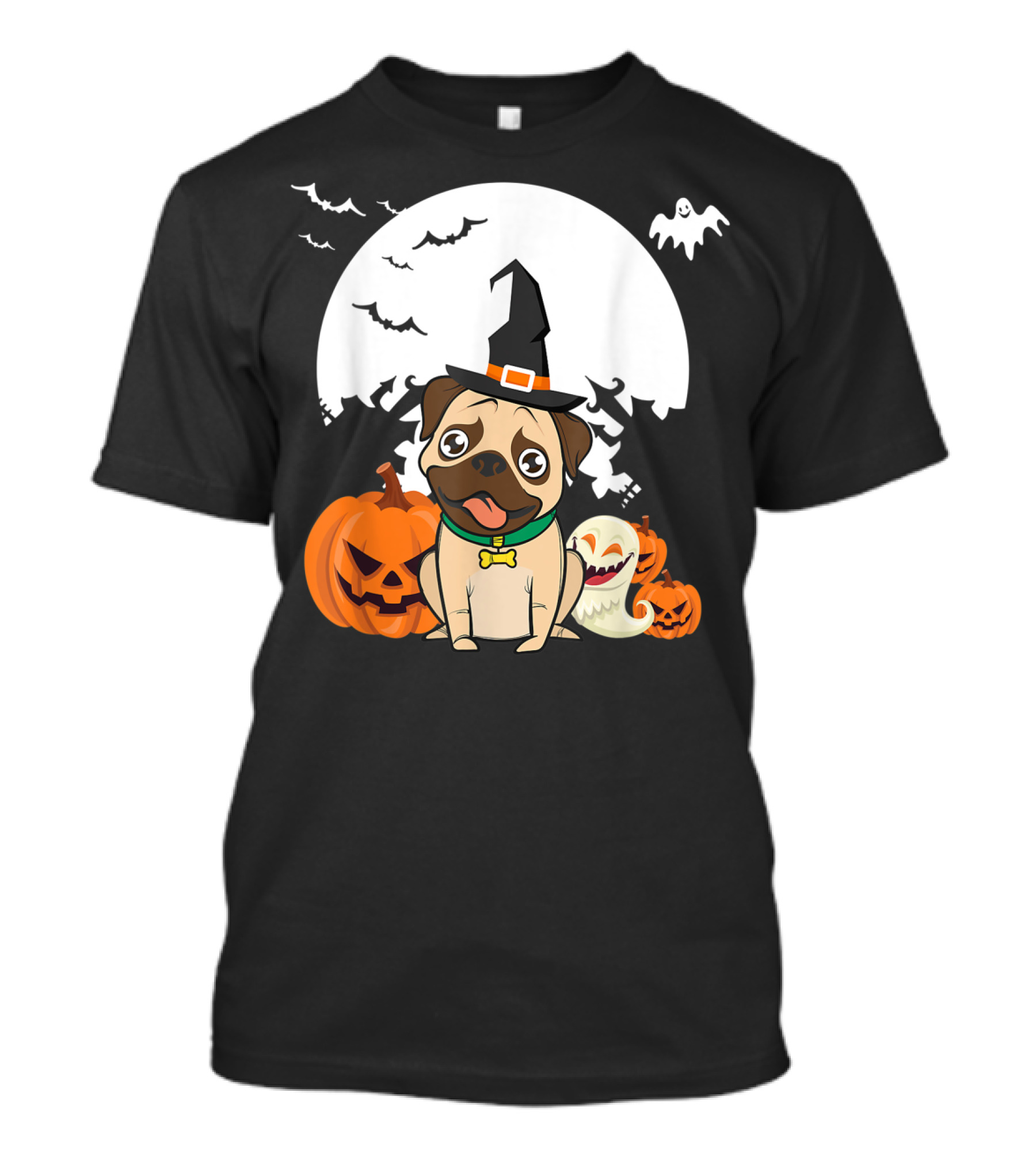 Halloween Little Witch Pug With Pumpkins And Ghosts T-Shirt