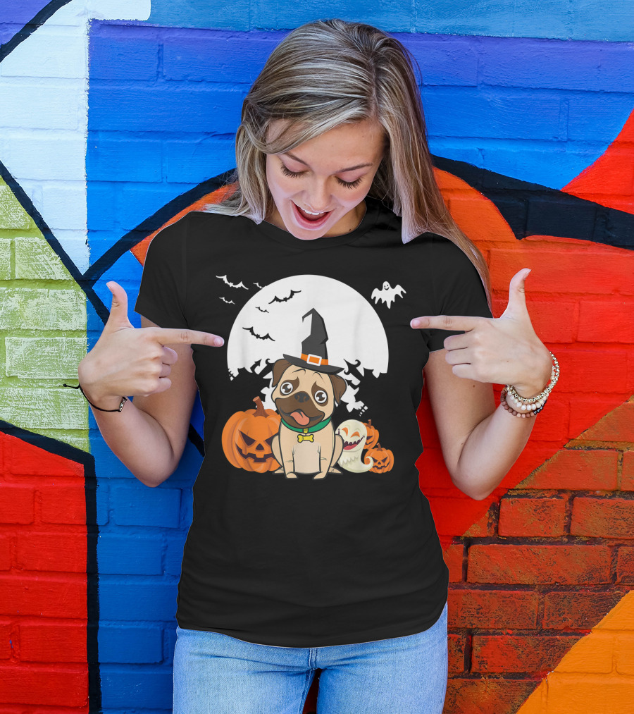 Halloween Little Witch Pug With Pumpkins And Ghosts T-Shirt