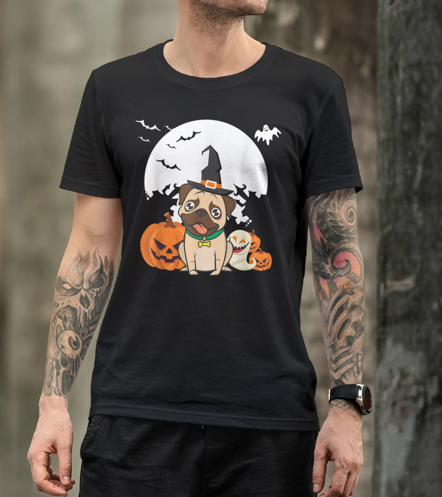 Halloween Little Witch Pug With Pumpkins And Ghosts T-Shirt