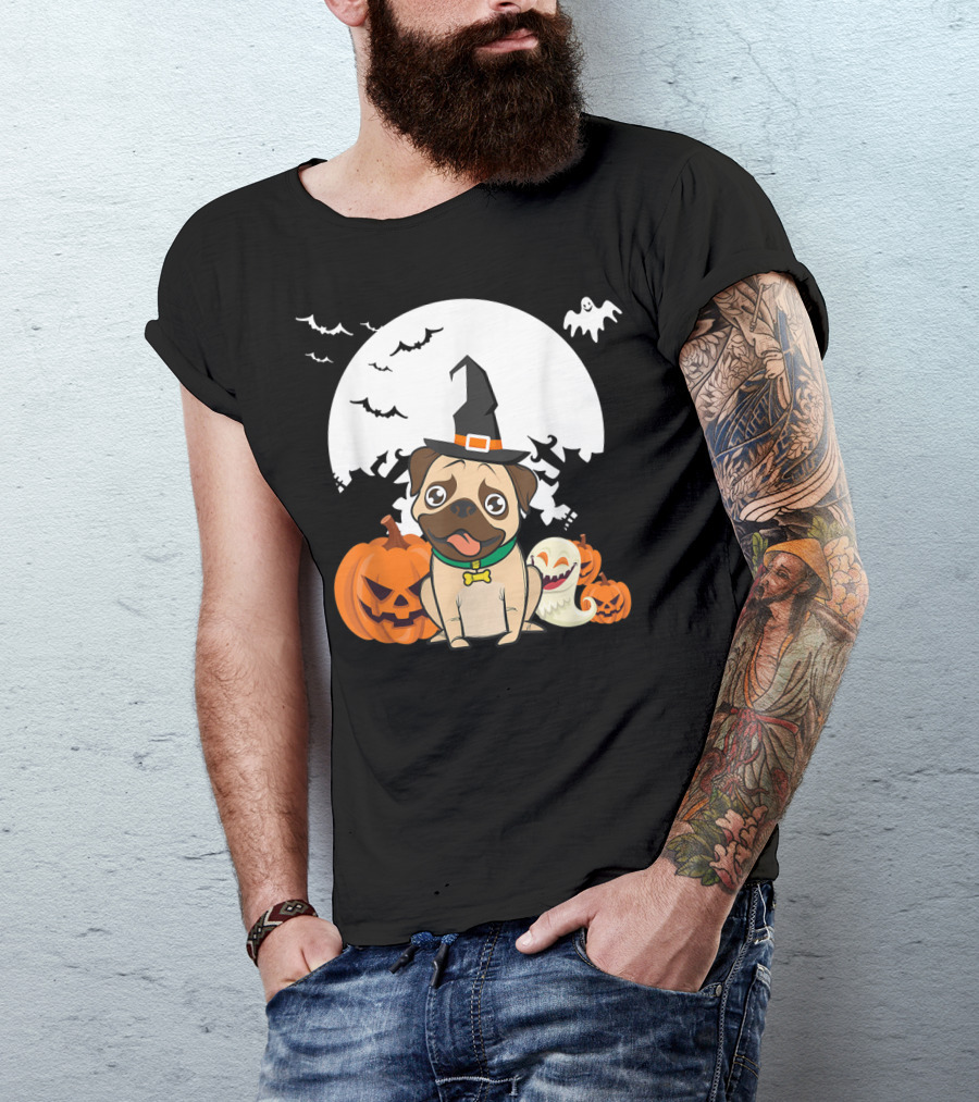 Halloween Little Witch Pug With Pumpkins And Ghosts T-Shirt