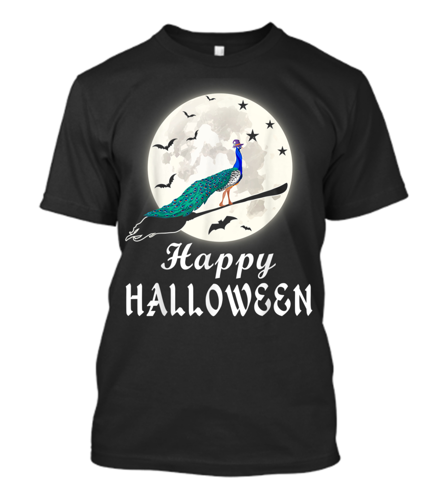 Happy Halloween Peacock Riding Broomstick With Full Moon And Bats T-Shirt