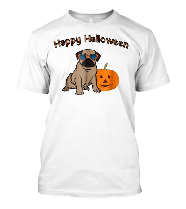 Happy Halloween Pug Wearing Heart Sunglasses With Pumpkin T-Shirt
