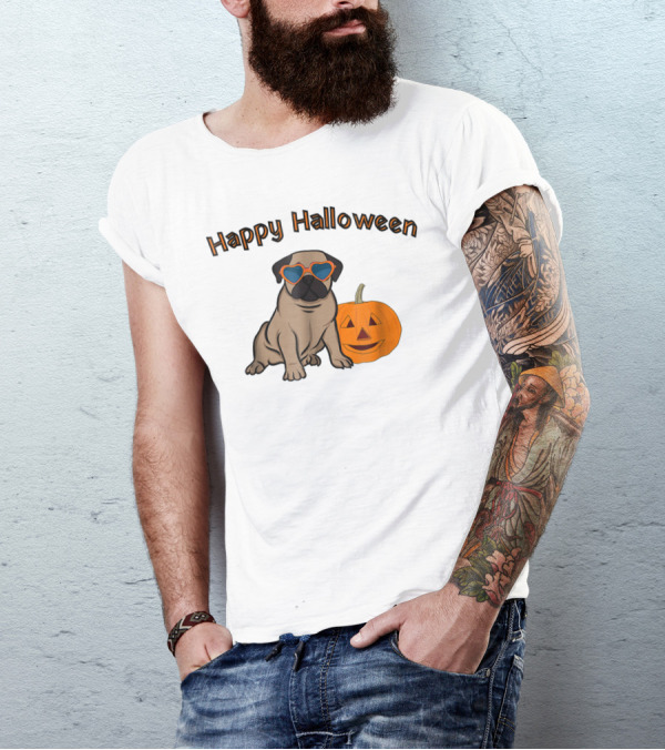 Happy Halloween Pug Wearing Heart Sunglasses With Pumpkin T-Shirt