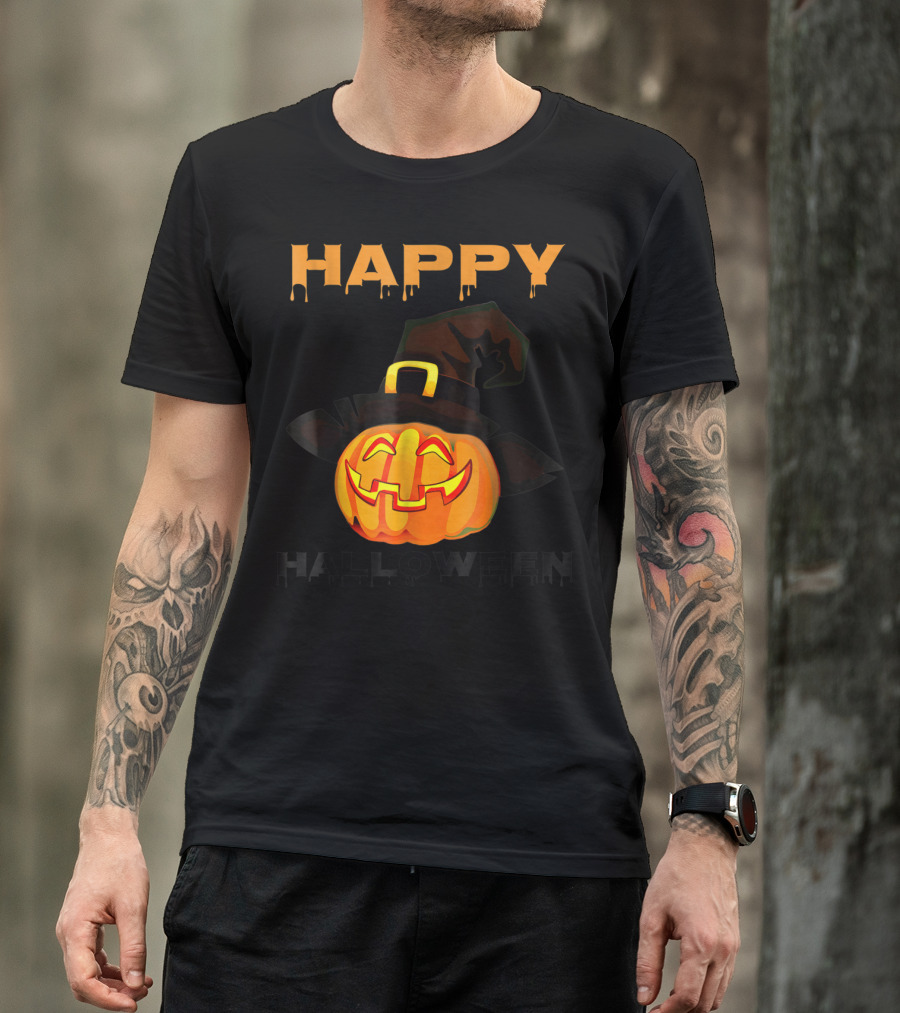 Happy Halloween Pumpkin Head Witch Hat T-Shirt