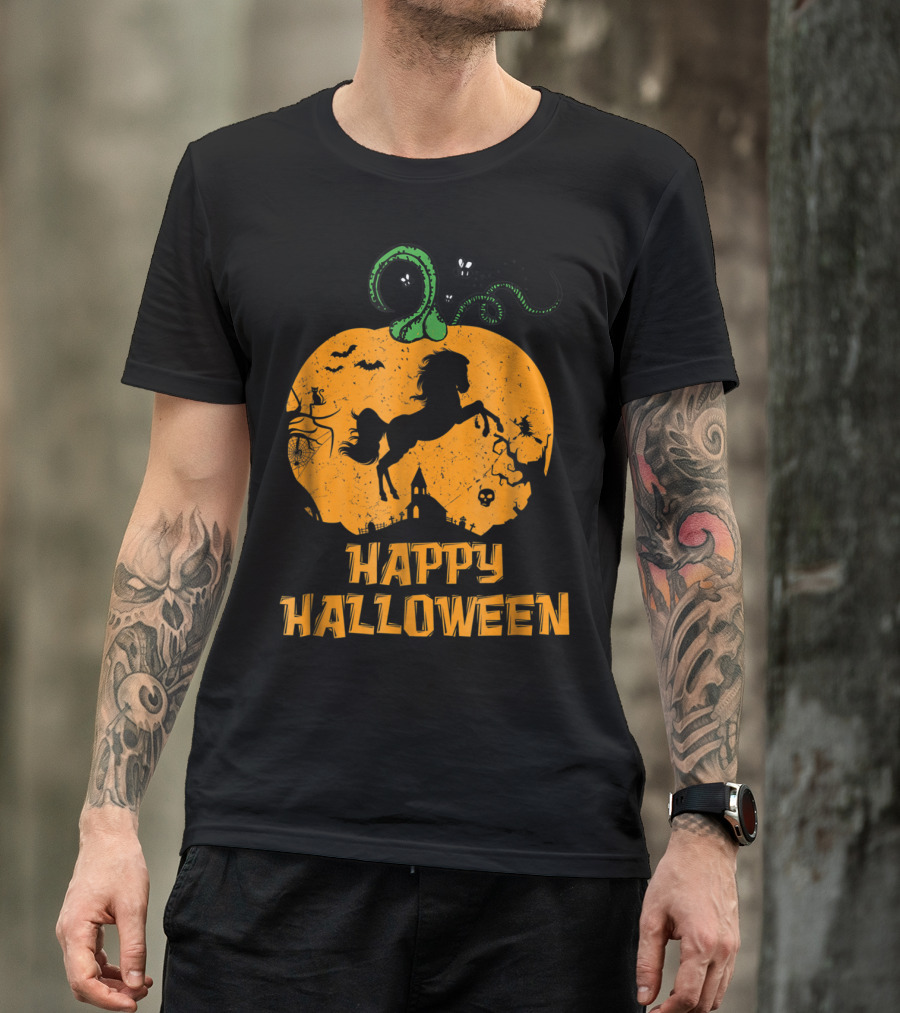 Happy Halloween Pumpkin Horse Silhouette Spooky Scene T-Shirt