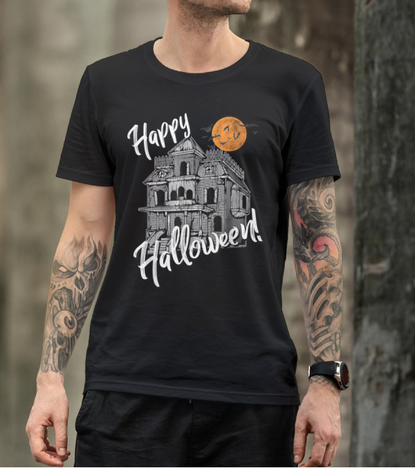 Happy Halloween Scary Haunted House With Moon And Bats T-Shirt