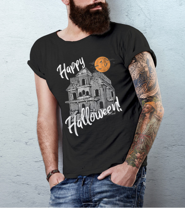 Happy Halloween Scary Haunted House With Moon And Bats T-Shirt