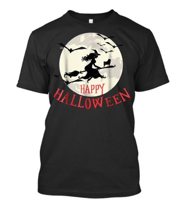 Happy Halloween Witches Pug Funny Dog Flying Broom Silhouette Moon Bats T-Shirt