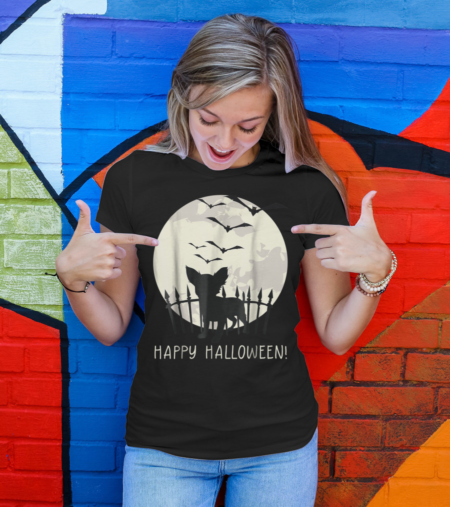 Happy Halloween With Chihuahua Moon Bats Fence T-Shirt