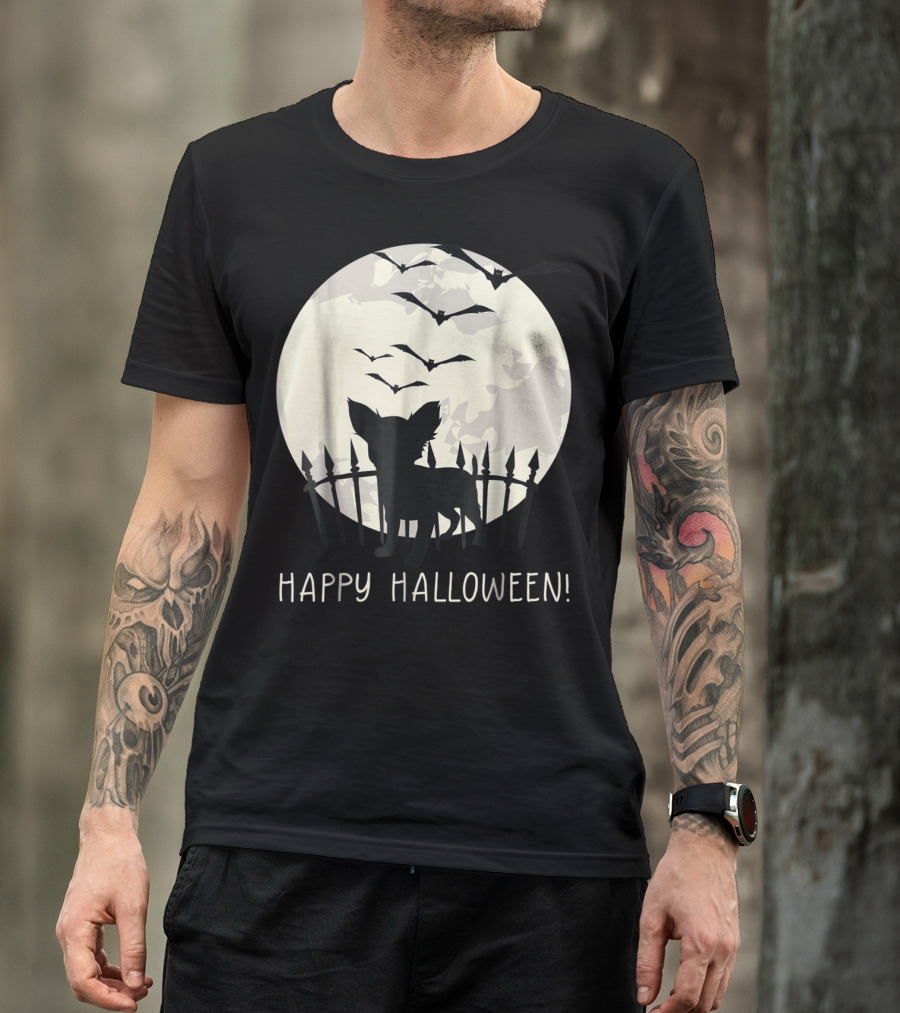 Happy Halloween With Chihuahua Moon Bats Fence T-Shirt