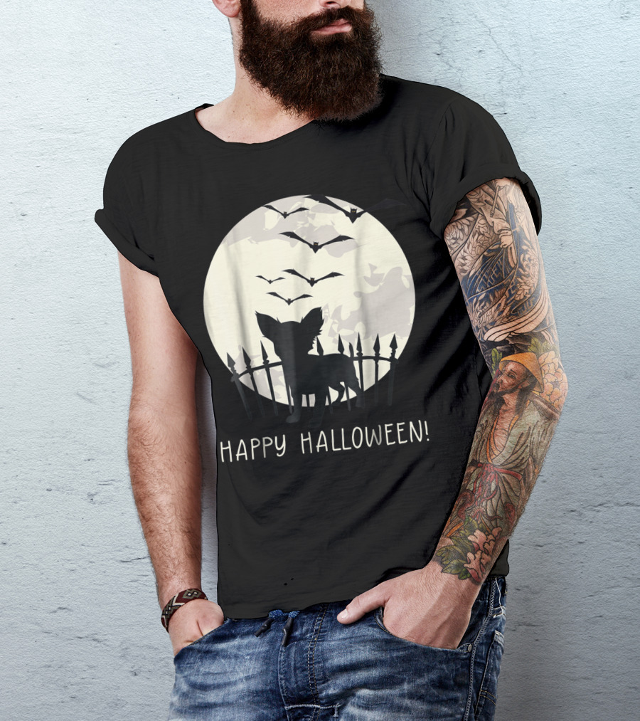 Happy Halloween With Chihuahua Moon Bats Fence T-Shirt