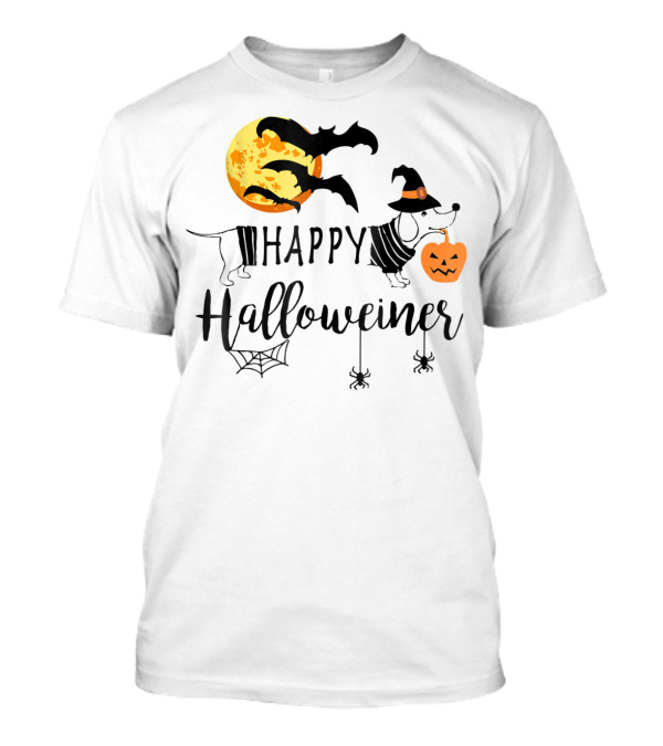 Happy Halloweiner Dachshund Witch Pumpkin Bats Halloween Moon T-Shirt