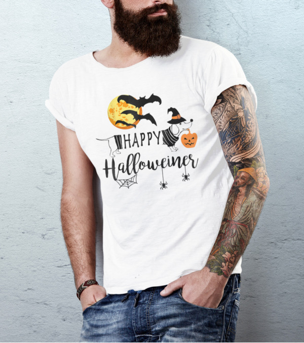Happy Halloweiner Dachshund Witch Pumpkin Bats Halloween Moon T-Shirt