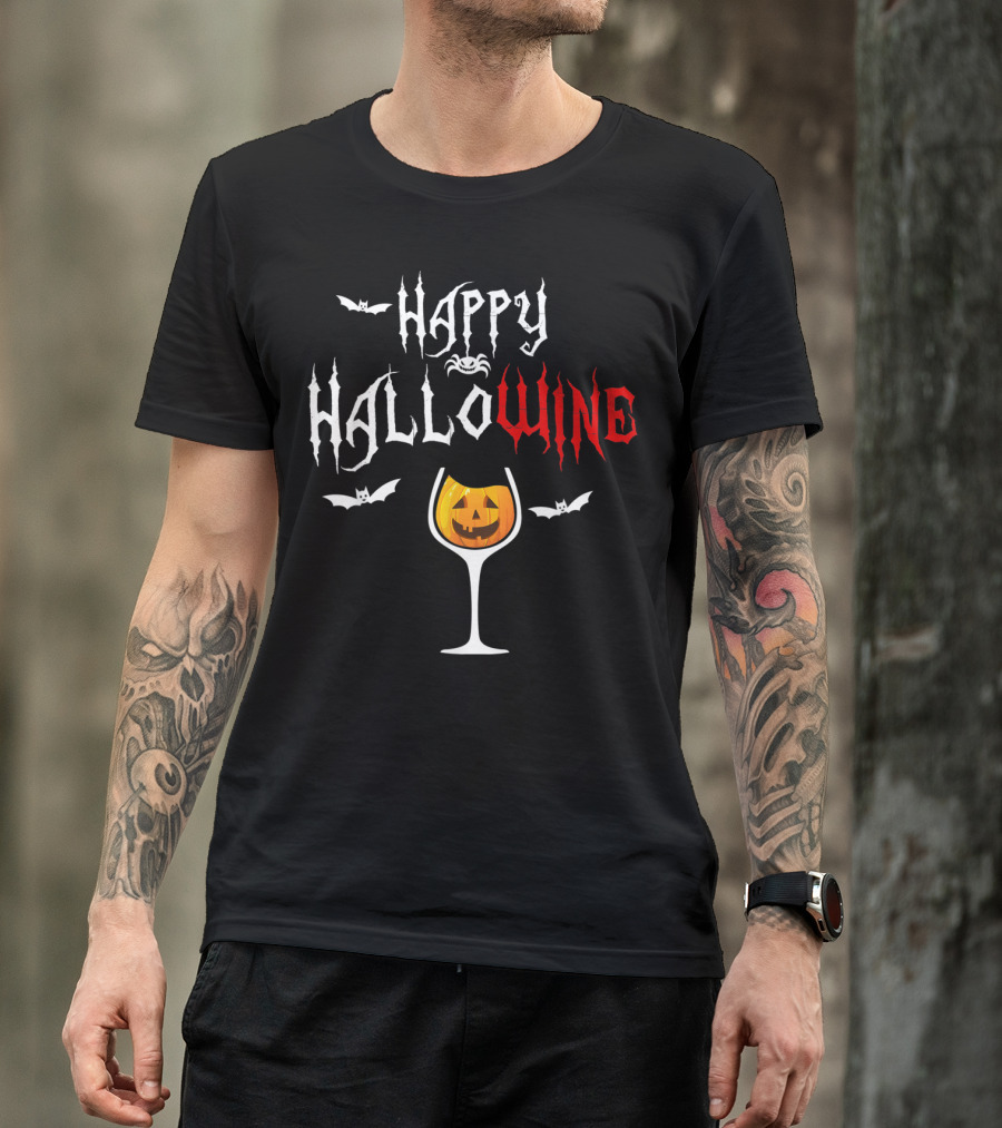 Happy Hallowine Funny Halloween For Wine Lover With Jack-O'-Lantern And Bats T-Shirt