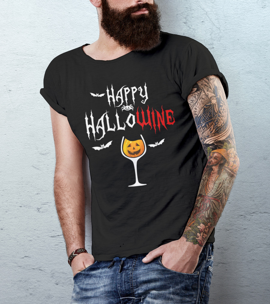 Happy Hallowine Funny Halloween For Wine Lover With Jack-O'-Lantern And Bats T-Shirt